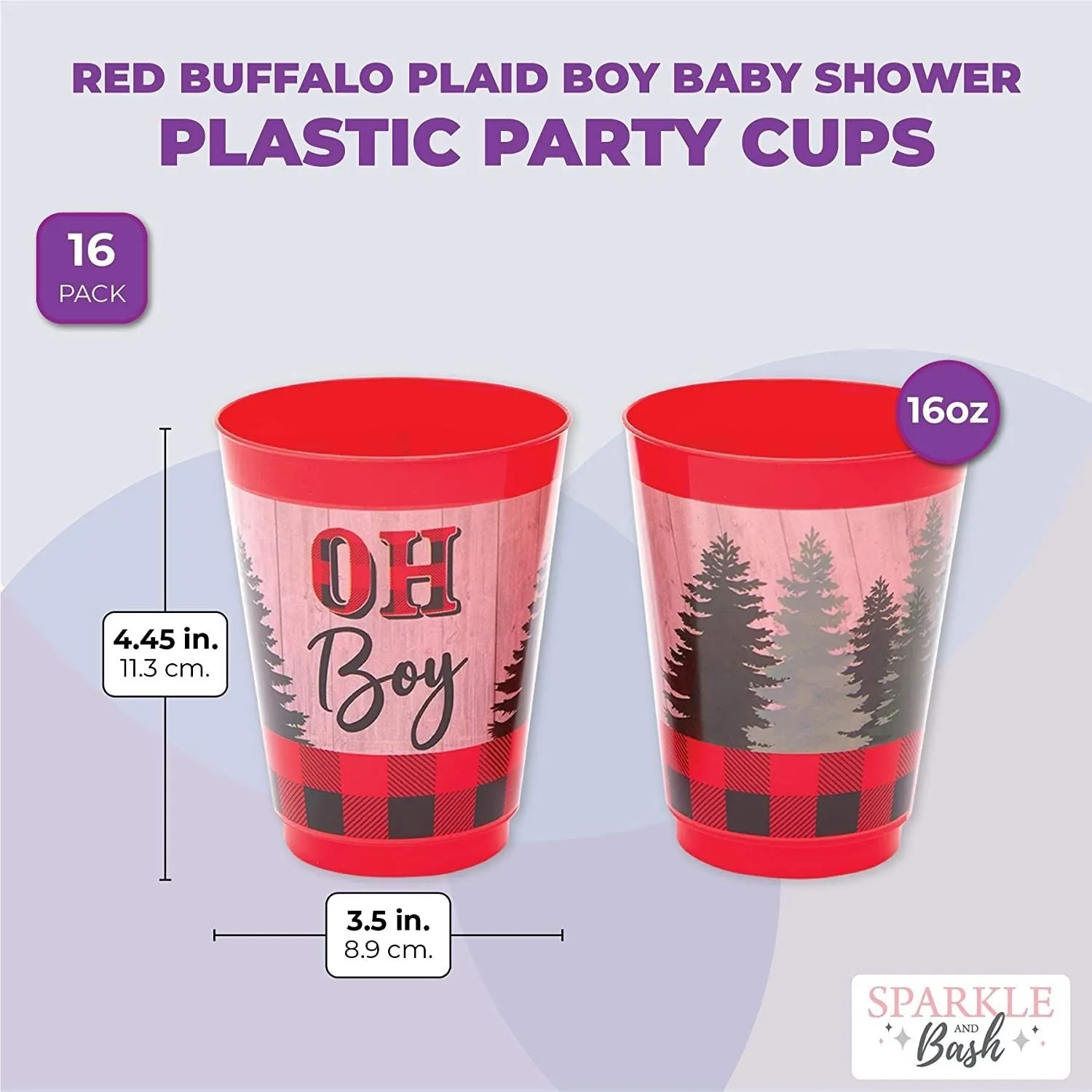 16 Pack Oh Boy Buffalo Plaid Plastic Cups for Lumberjack Party Decorations, Baby Shower, Birthday Party Supplies (16 oz)