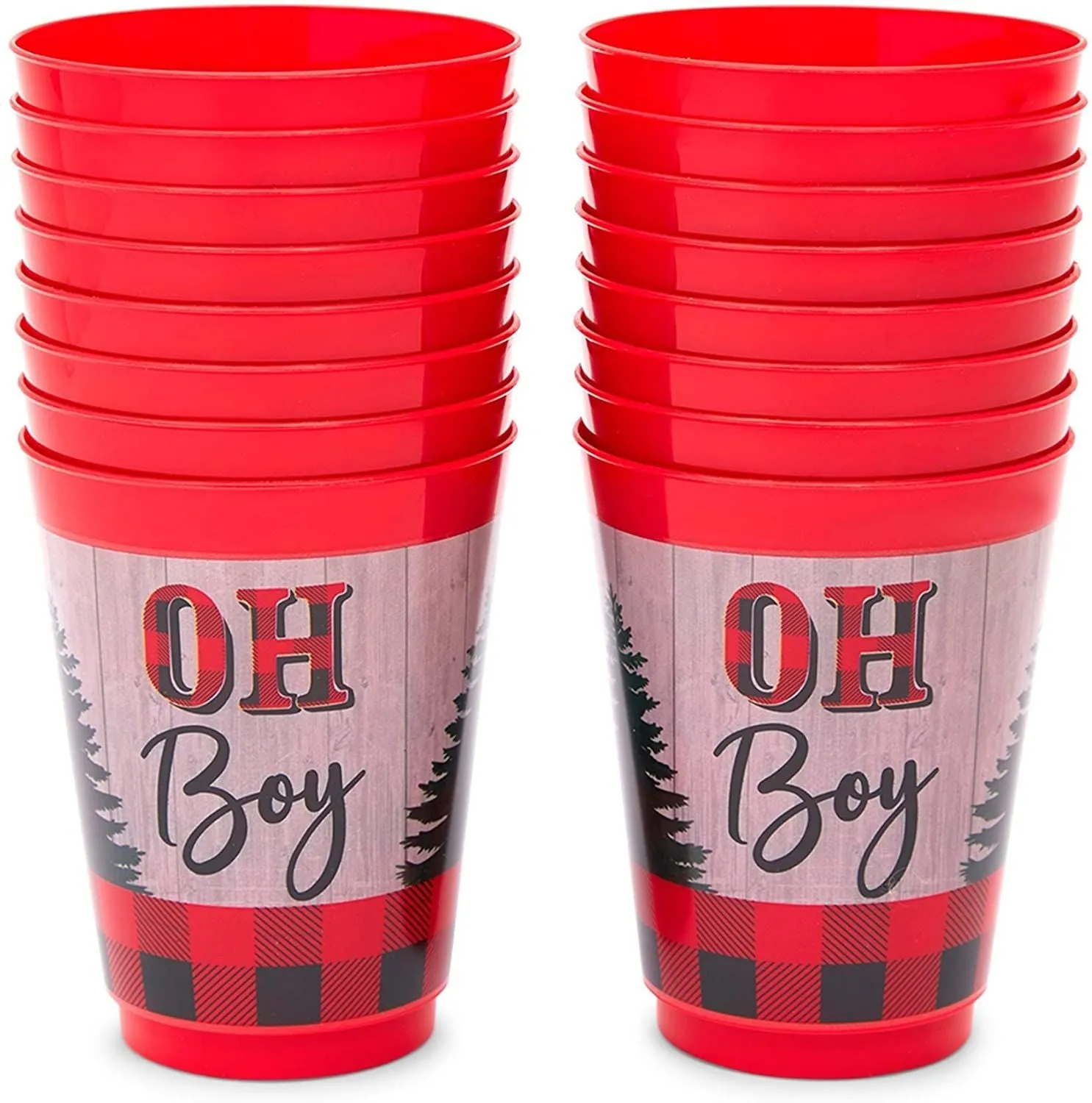 16 Pack Oh Boy Buffalo Plaid Plastic Cups for Lumberjack Party Decorations, Baby Shower, Birthday Party Supplies (16 oz)