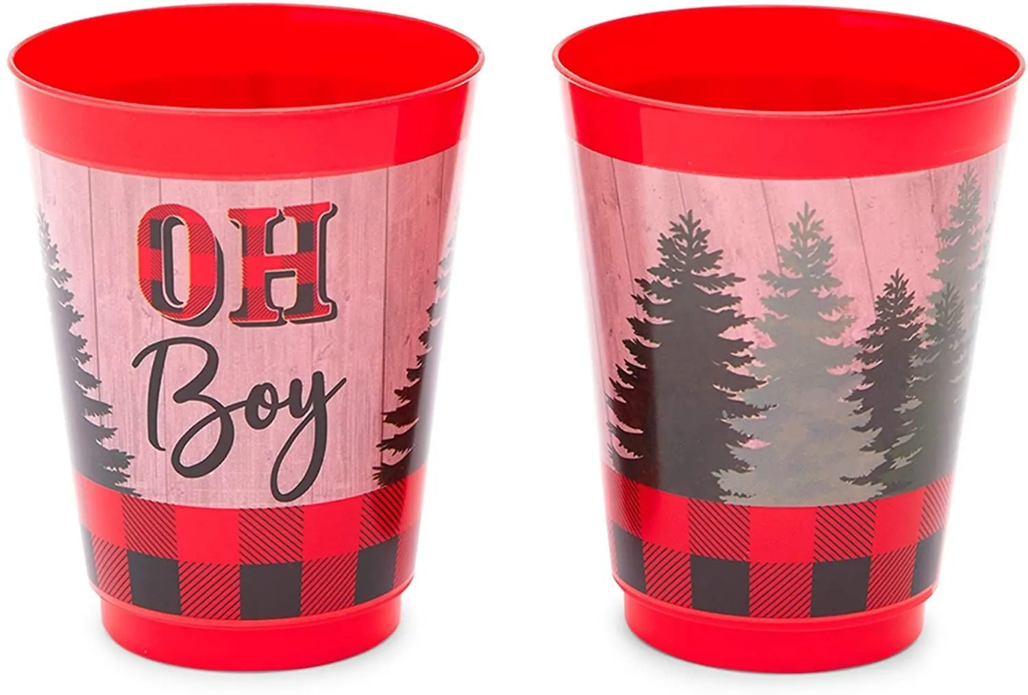 16 Pack Oh Boy Buffalo Plaid Plastic Cups for Lumberjack Party Decorations, Baby Shower, Birthday Party Supplies (16 oz)