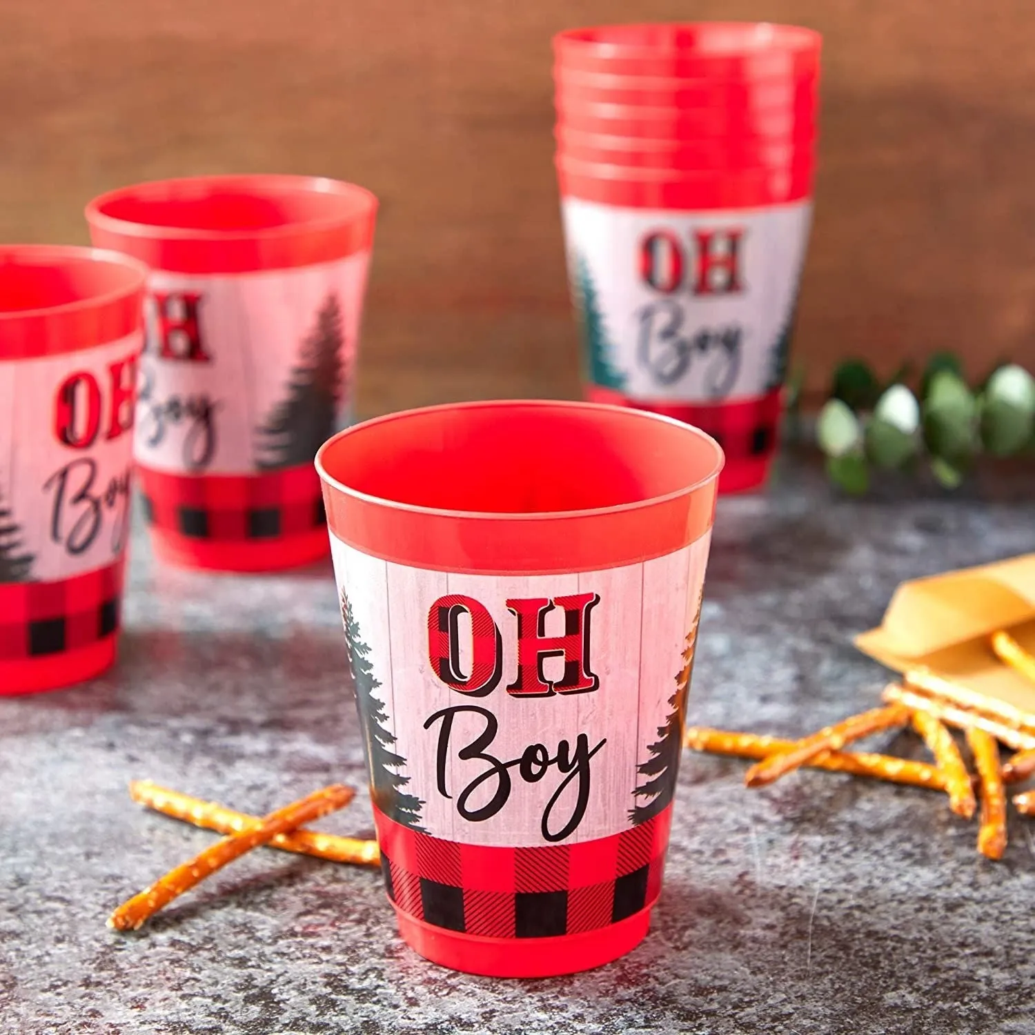 16 Pack Oh Boy Buffalo Plaid Plastic Cups for Lumberjack Party Decorations, Baby Shower, Birthday Party Supplies (16 oz)