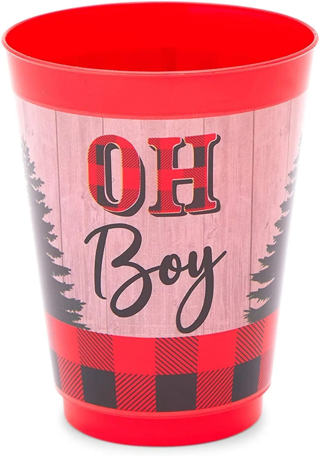 16 Pack Oh Boy Buffalo Plaid Plastic Cups for Lumberjack Party Decorations, Baby Shower, Birthday Party Supplies (16 oz)