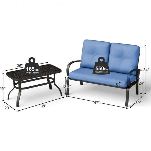 2 Pcs Patio Outdoor Cushioned Coffee Table Seat-Blue