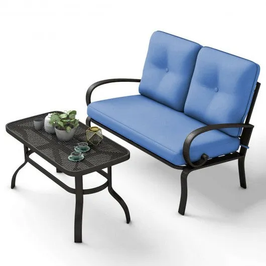 2 Pcs Patio Outdoor Cushioned Coffee Table Seat-Blue