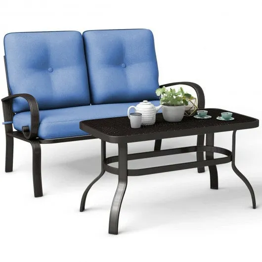 2 Pcs Patio Outdoor Cushioned Coffee Table Seat-Blue