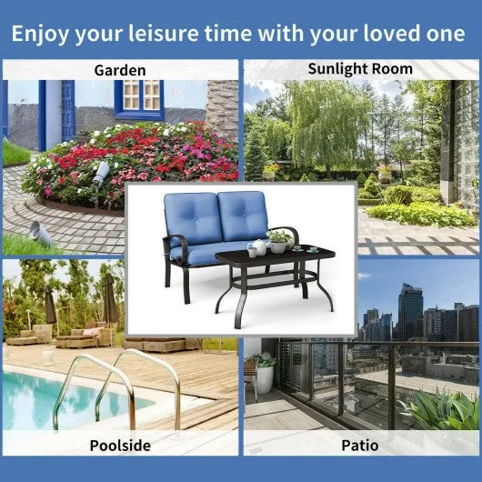 2 Pcs Patio Outdoor Cushioned Coffee Table Seat-Blue