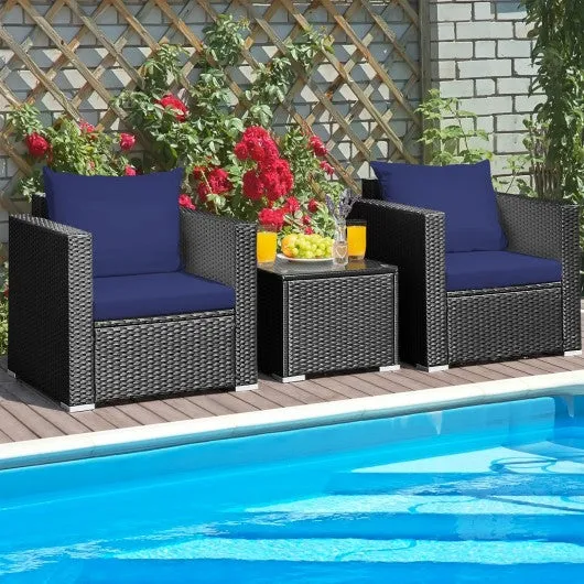 3 Pcs Patio wicker Furniture Set with Cushion-Navy