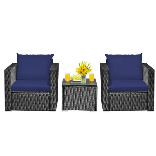 3 Pcs Patio wicker Furniture Set with Cushion-Navy