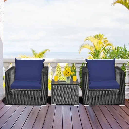 3 Pcs Patio wicker Furniture Set with Cushion-Navy