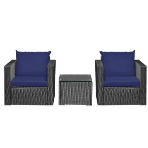 3 Pcs Patio wicker Furniture Set with Cushion-Navy