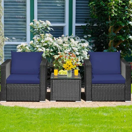 3 Pcs Patio wicker Furniture Set with Cushion-Navy