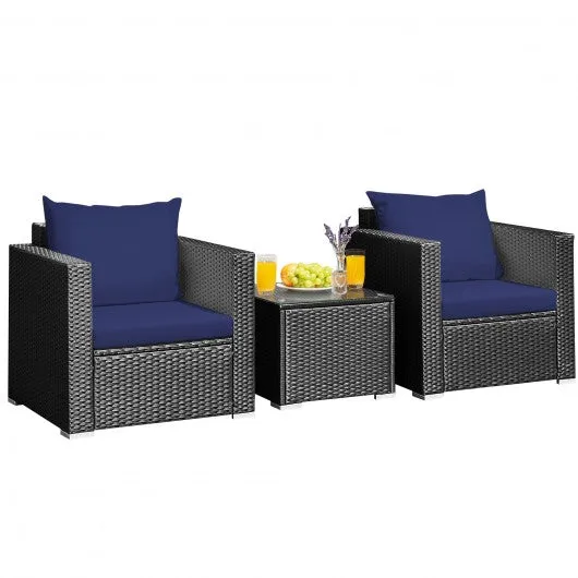 3 Pcs Patio wicker Furniture Set with Cushion-Navy