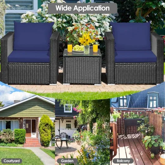 3 Pcs Patio wicker Furniture Set with Cushion-Navy