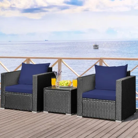 3 Pcs Patio wicker Furniture Set with Cushion-Navy