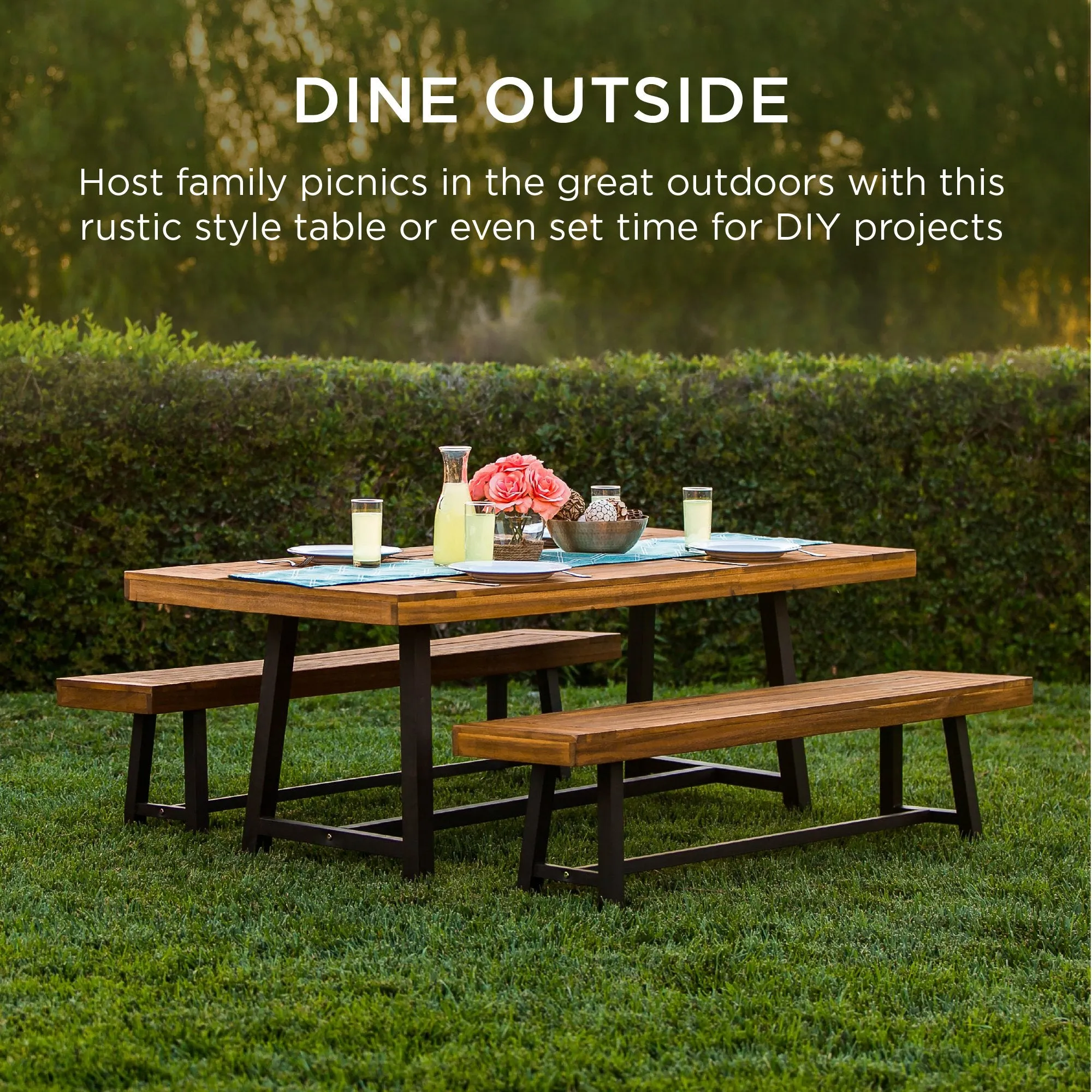 3-Piece Indoor Outdoor Acacia Wood Dining Table