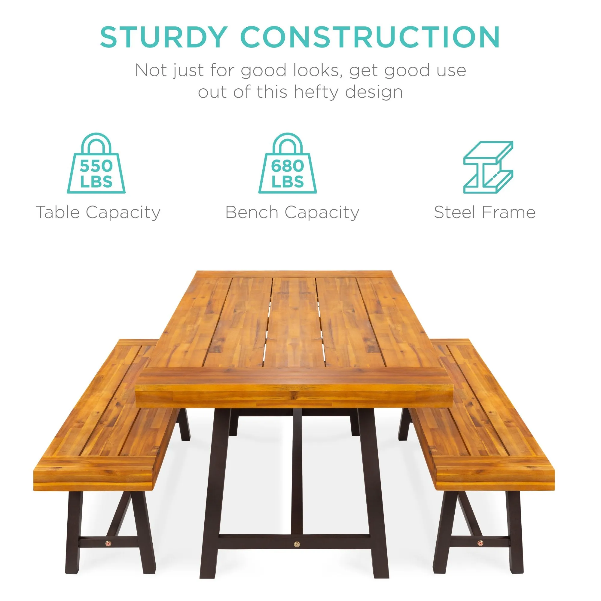 3-Piece Indoor Outdoor Acacia Wood Dining Table