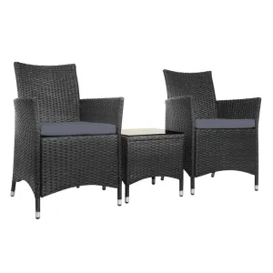 3PC Outdoor Bistro Set Patio Furniture Wicker Chairs Table Cushion All Black