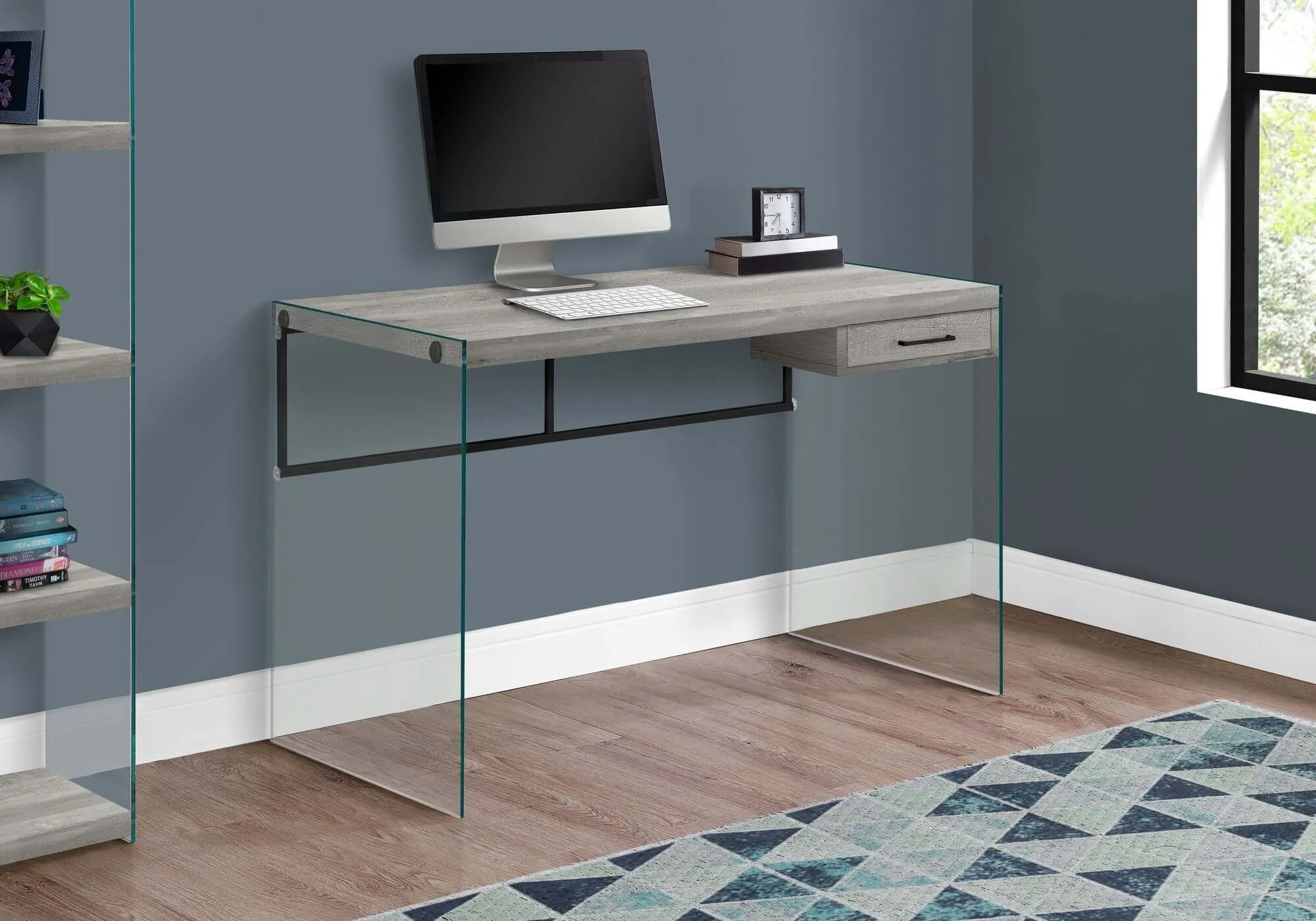 48"L / Grey Reclaimed Wood / Glass Panels Computer Desk