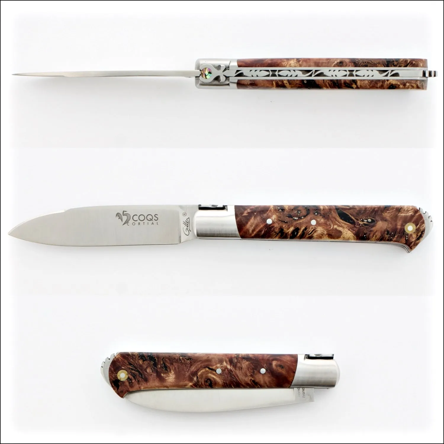 5 Coqs Pocket Knife - Maple Burl Handle & Mother of Pearl Inlay