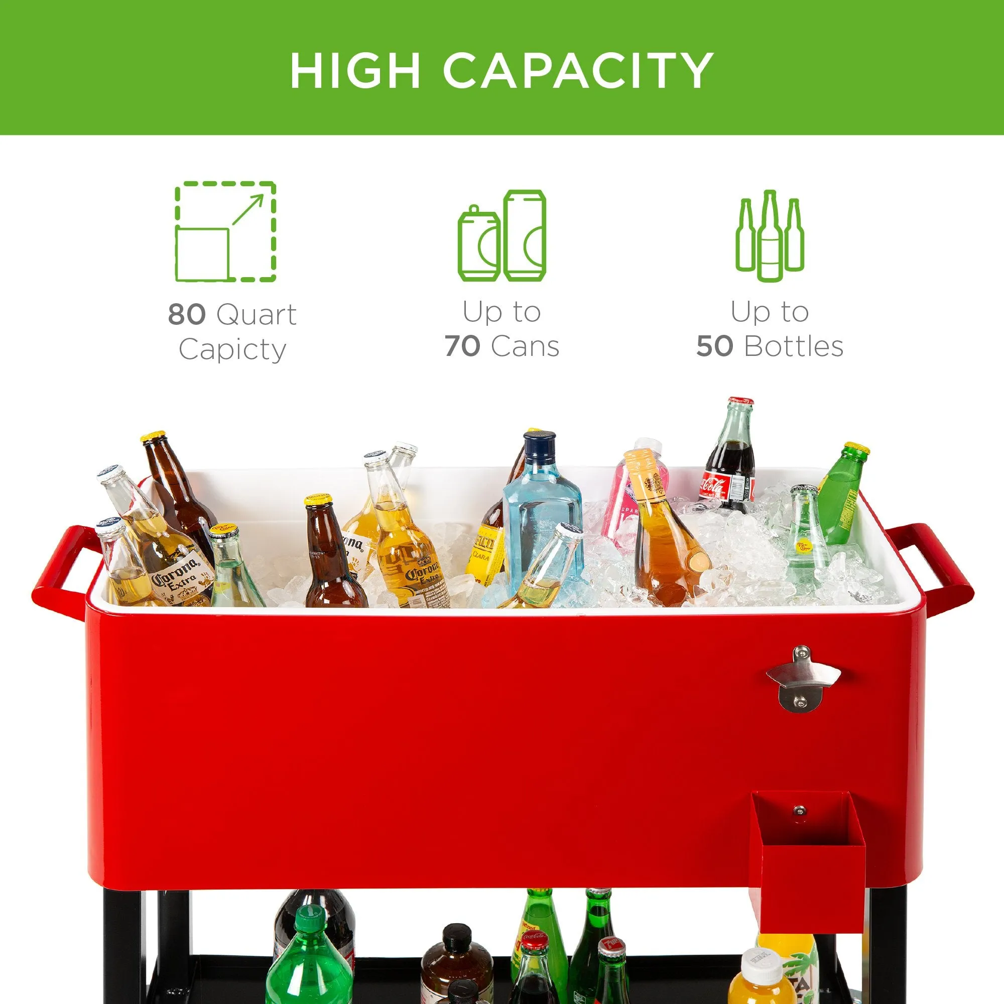 80-Quart Rolling Cooler Cart w/ Bottle Opener, Catch Tray