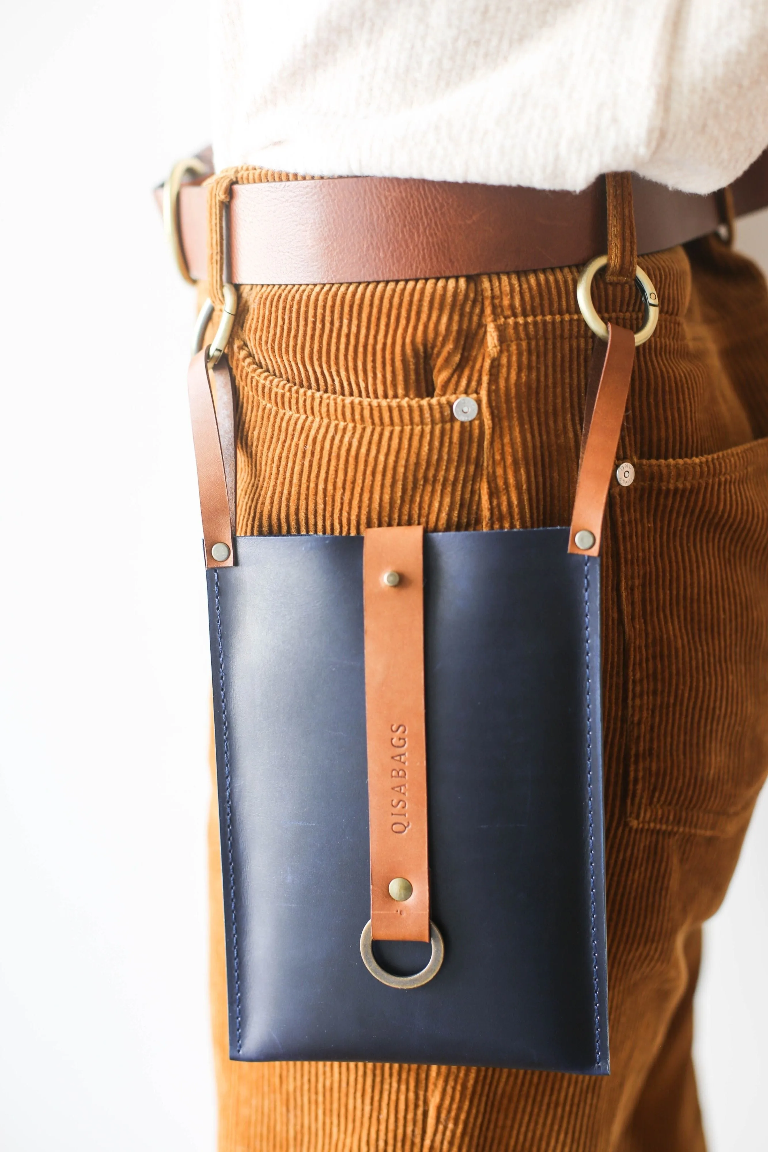 Blue w/ Brown Leather Phone Bag