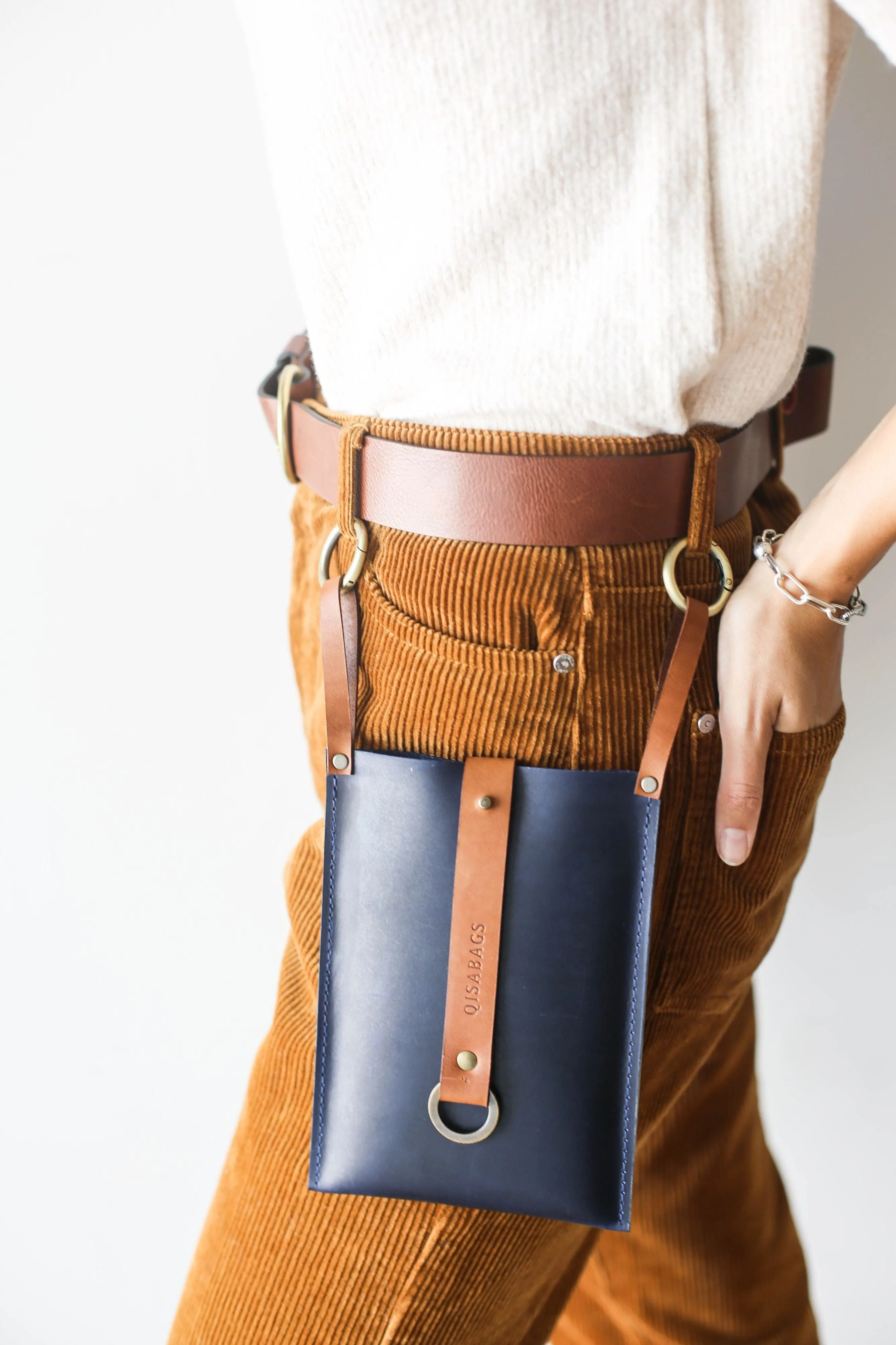 Blue w/ Brown Leather Phone Bag