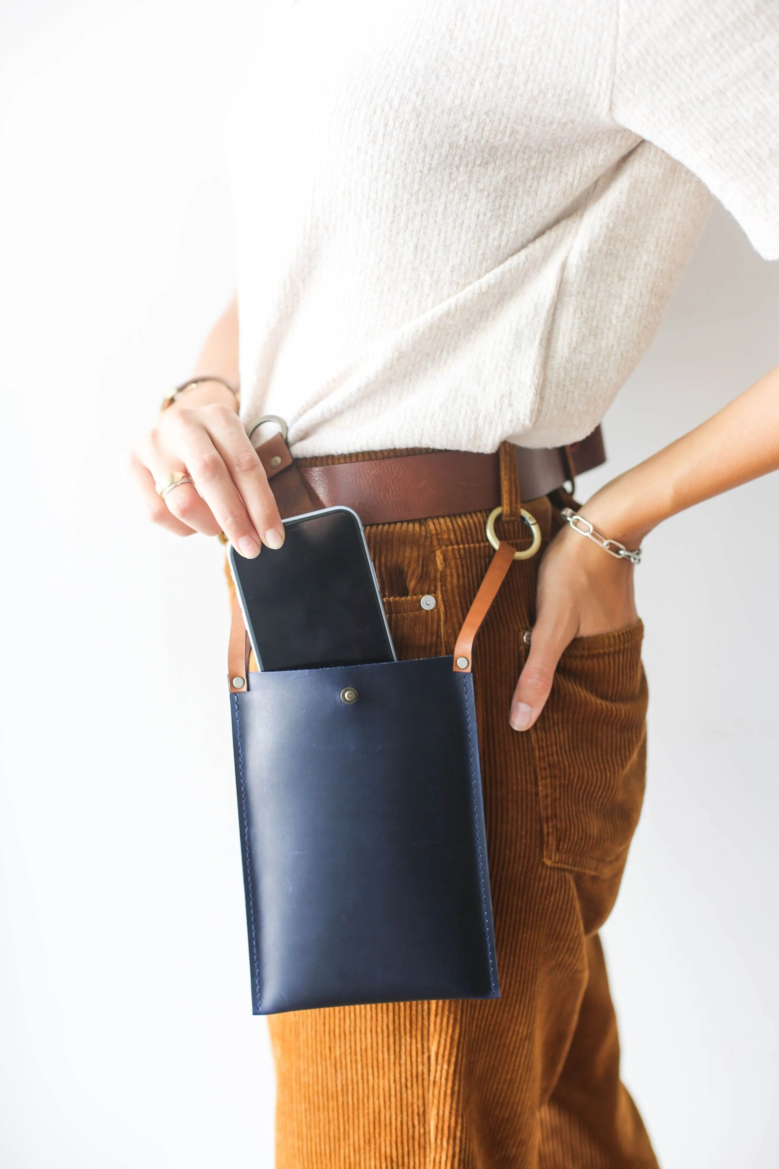 Blue w/ Brown Leather Phone Bag