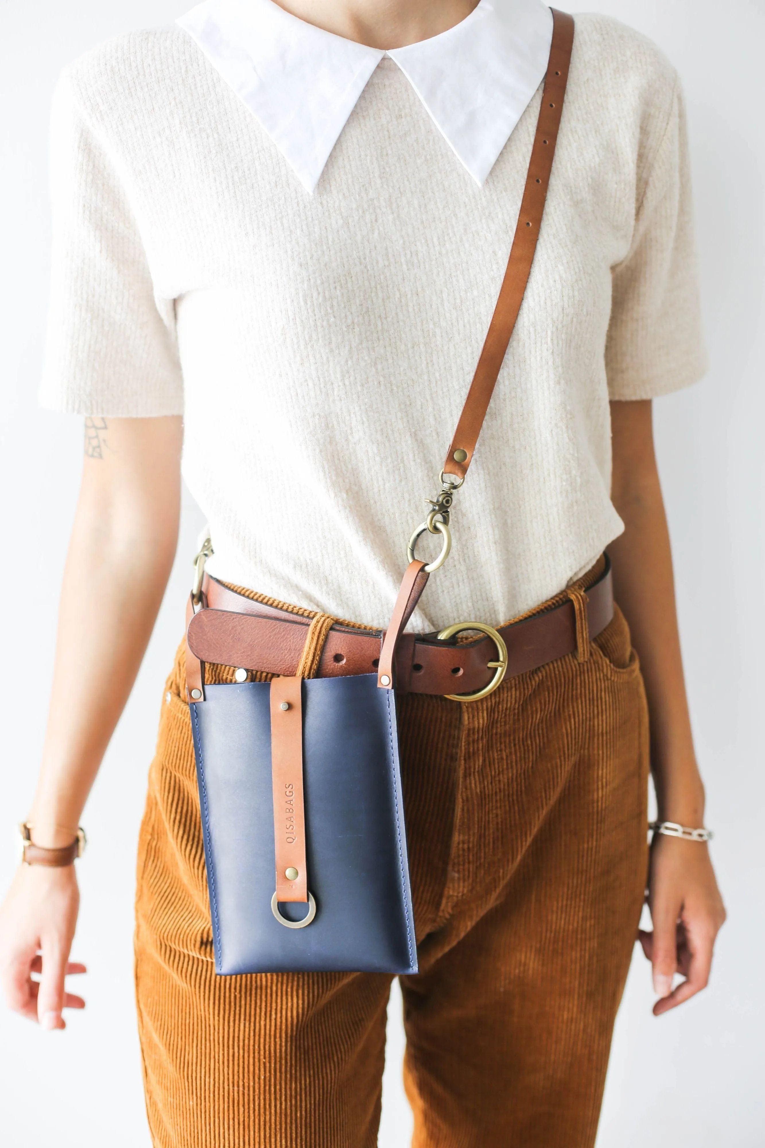 Blue w/ Brown Leather Phone Bag