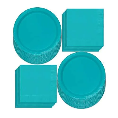 Caribbean Blue Paper Dinner Plates and Luncheon Napkins, Solid Blue Party Supplies and Summer Table Decorations (Serves 16)