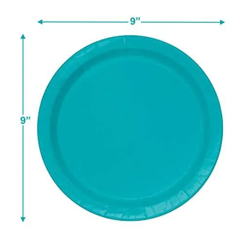 Caribbean Blue Paper Dinner Plates and Luncheon Napkins, Solid Blue Party Supplies and Summer Table Decorations (Serves 16)