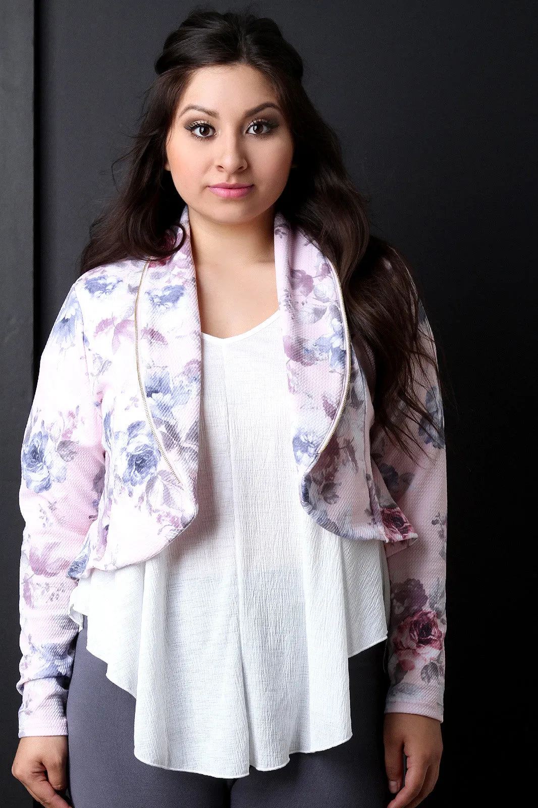 Crepe Knit Floral Open Front Crop Blazer