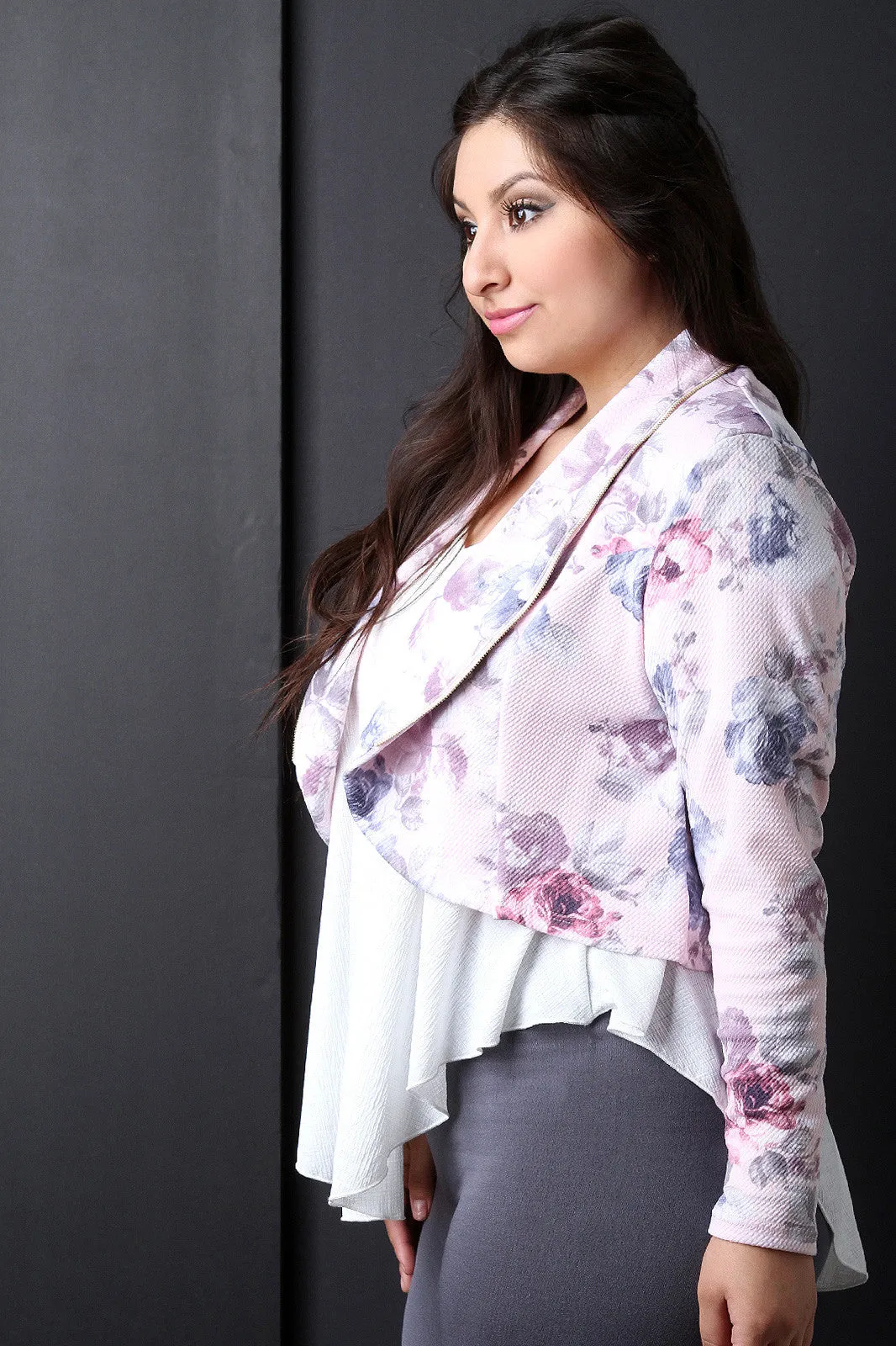 Crepe Knit Floral Open Front Crop Blazer