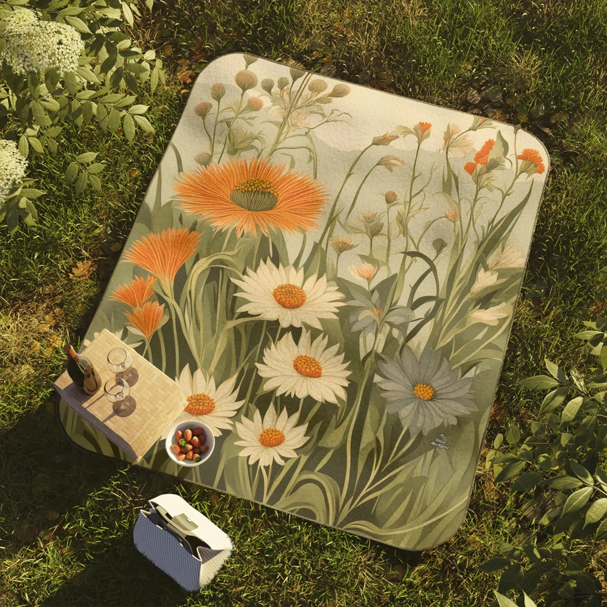 Daisy Wildflowers, Cozy Outdoor Picnic Blanket, Water-Resistant Bottom, 51" × 61"