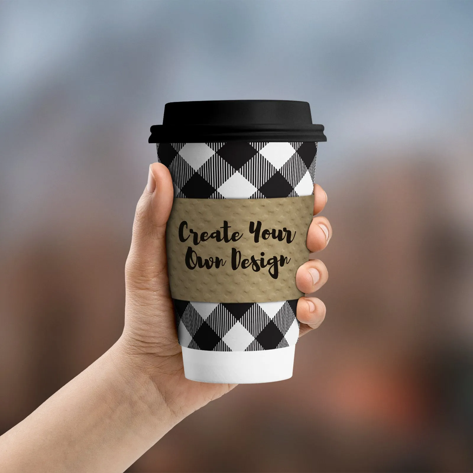 Disposable Coffee or Hot Chocolate Cups - Buffalo Plaid (Black and White Buffalo Plaid With Lids & Blank Kraft Cup Sleeves (Serves 12))