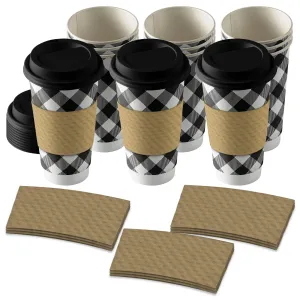 Disposable Coffee or Hot Chocolate Cups - Buffalo Plaid (Black and White Buffalo Plaid With Lids & Blank Kraft Cup Sleeves (Serves 12))