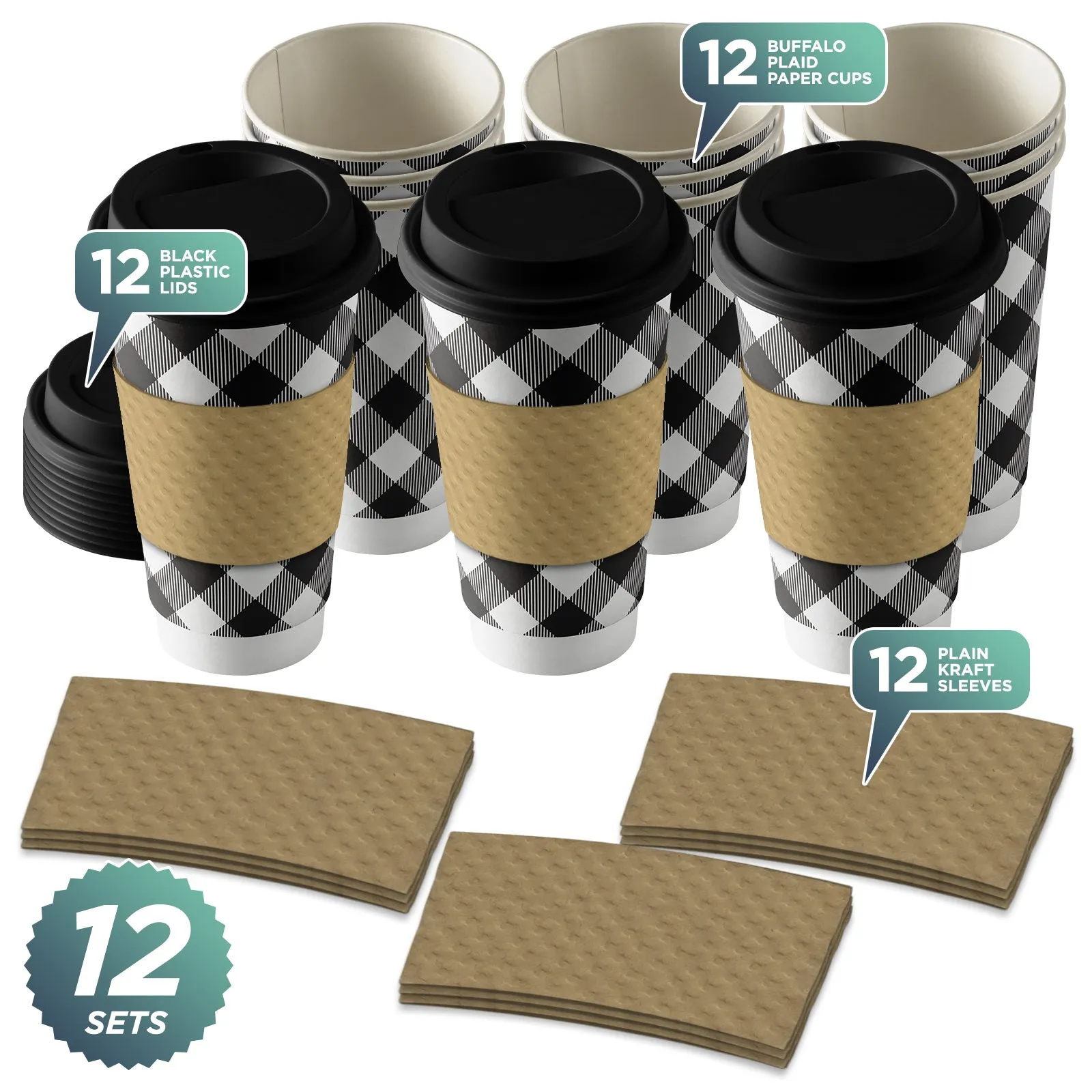 Disposable Coffee or Hot Chocolate Cups - Buffalo Plaid (Black and White Buffalo Plaid With Lids & Blank Kraft Cup Sleeves (Serves 12))