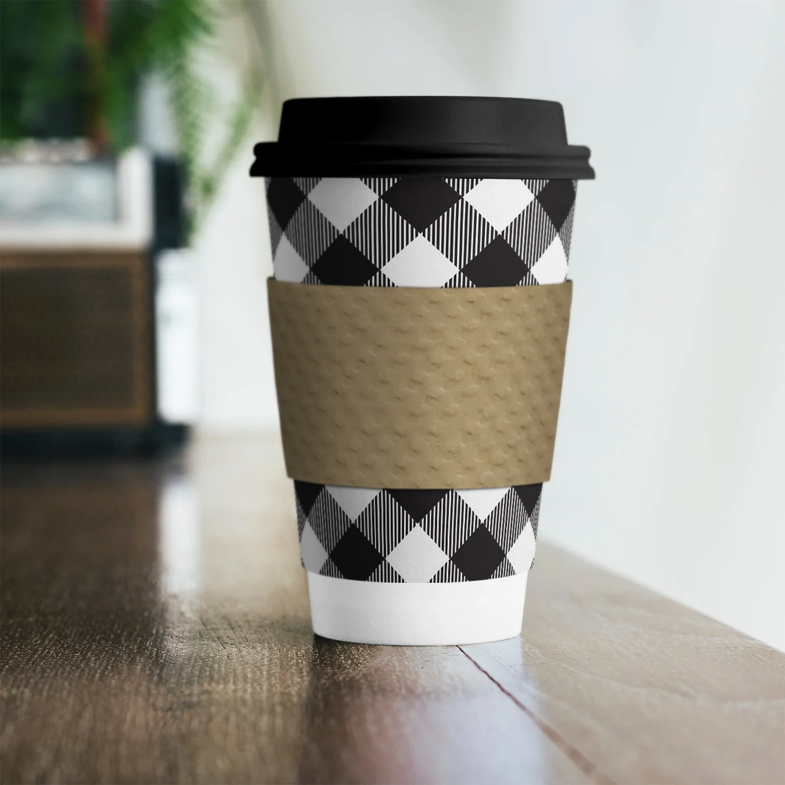 Disposable Coffee or Hot Chocolate Cups - Buffalo Plaid (Black and White Buffalo Plaid With Lids & Blank Kraft Cup Sleeves (Serves 12))