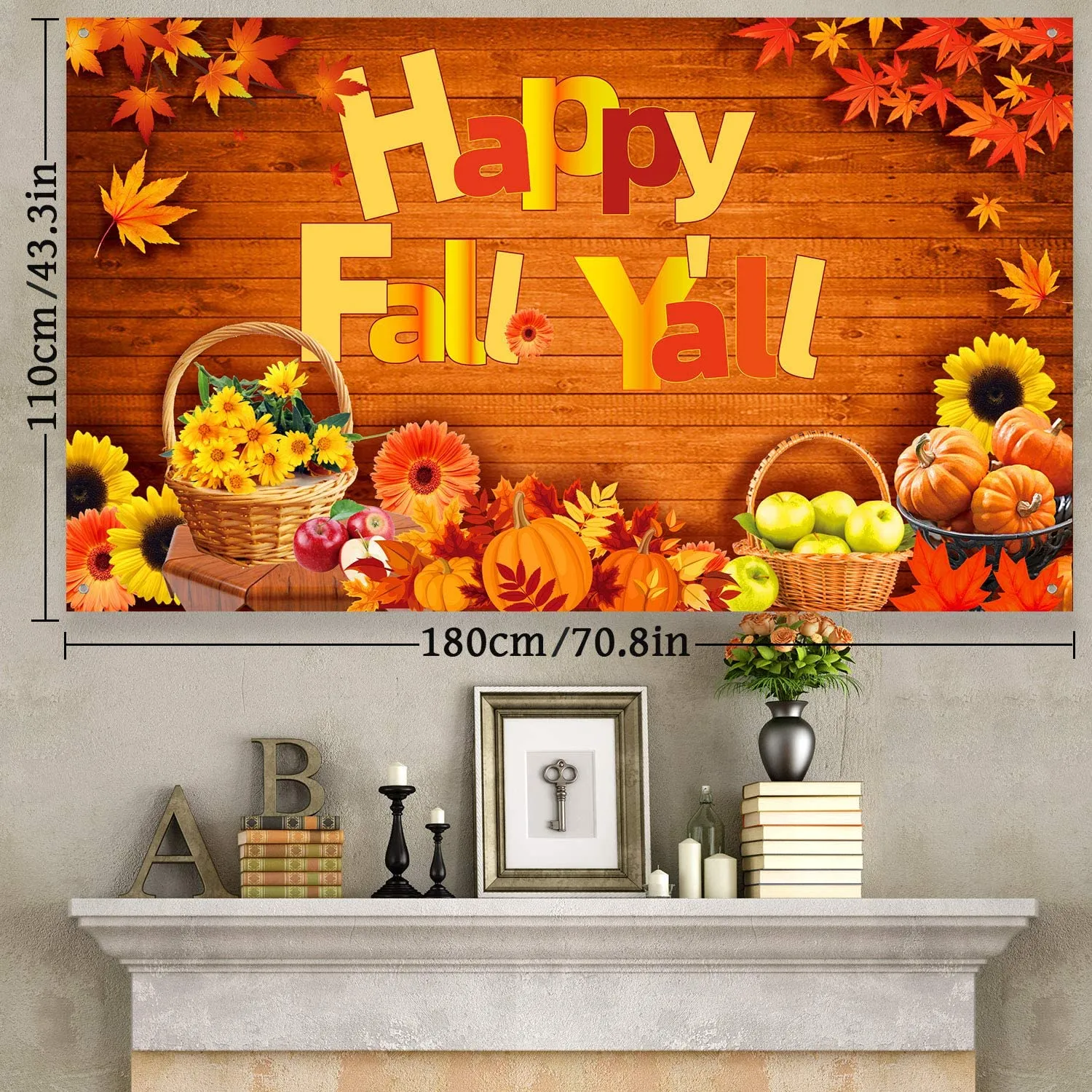 Extra Large Fabric Happy Fall Y'all Backdrop Decoration, 72.8 x 43.3 Inches, 2Pcs