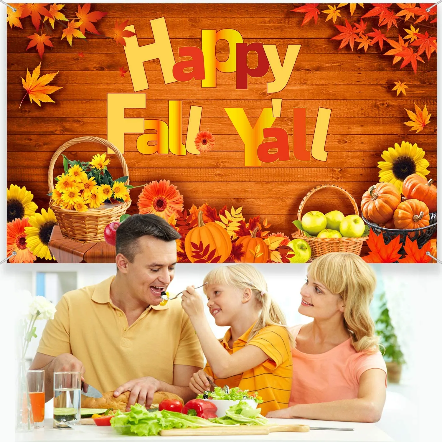 Extra Large Fabric Happy Fall Y'all Backdrop Decoration, 72.8 x 43.3 Inches, 2Pcs