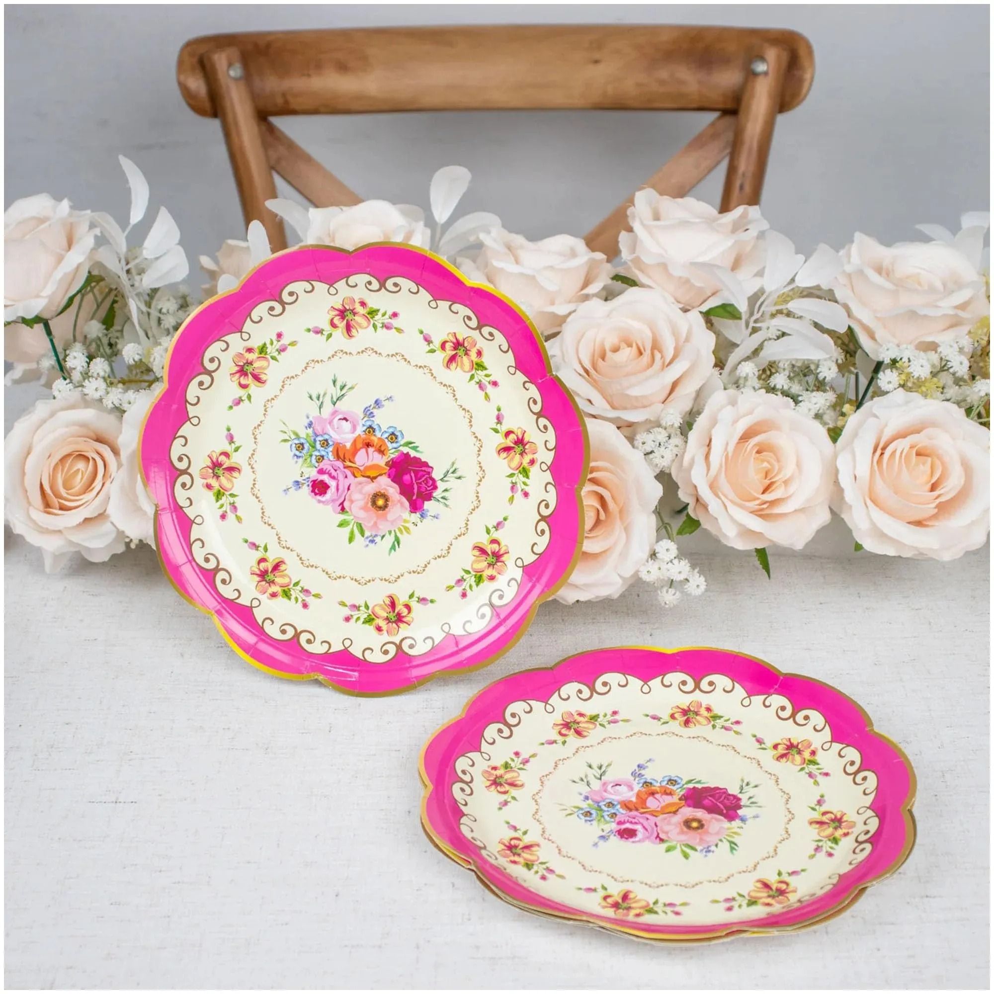 Floral Party Supplies - Paper Plates With Scalloped Edge & Yellow Napkins (Serves 24)