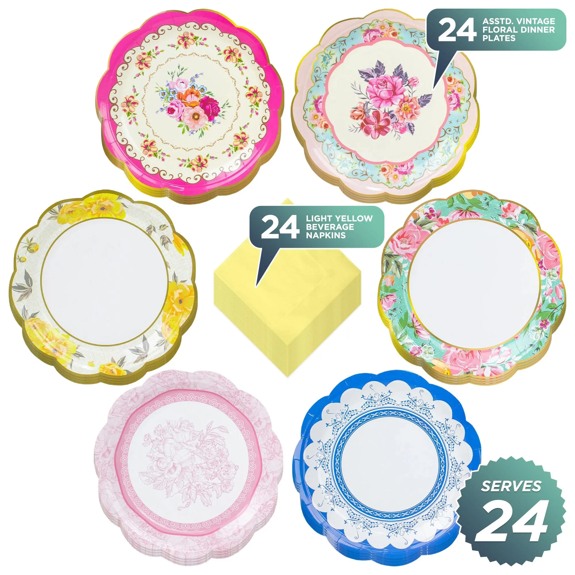 Floral Party Supplies - Paper Plates With Scalloped Edge & Yellow Napkins (Serves 24)