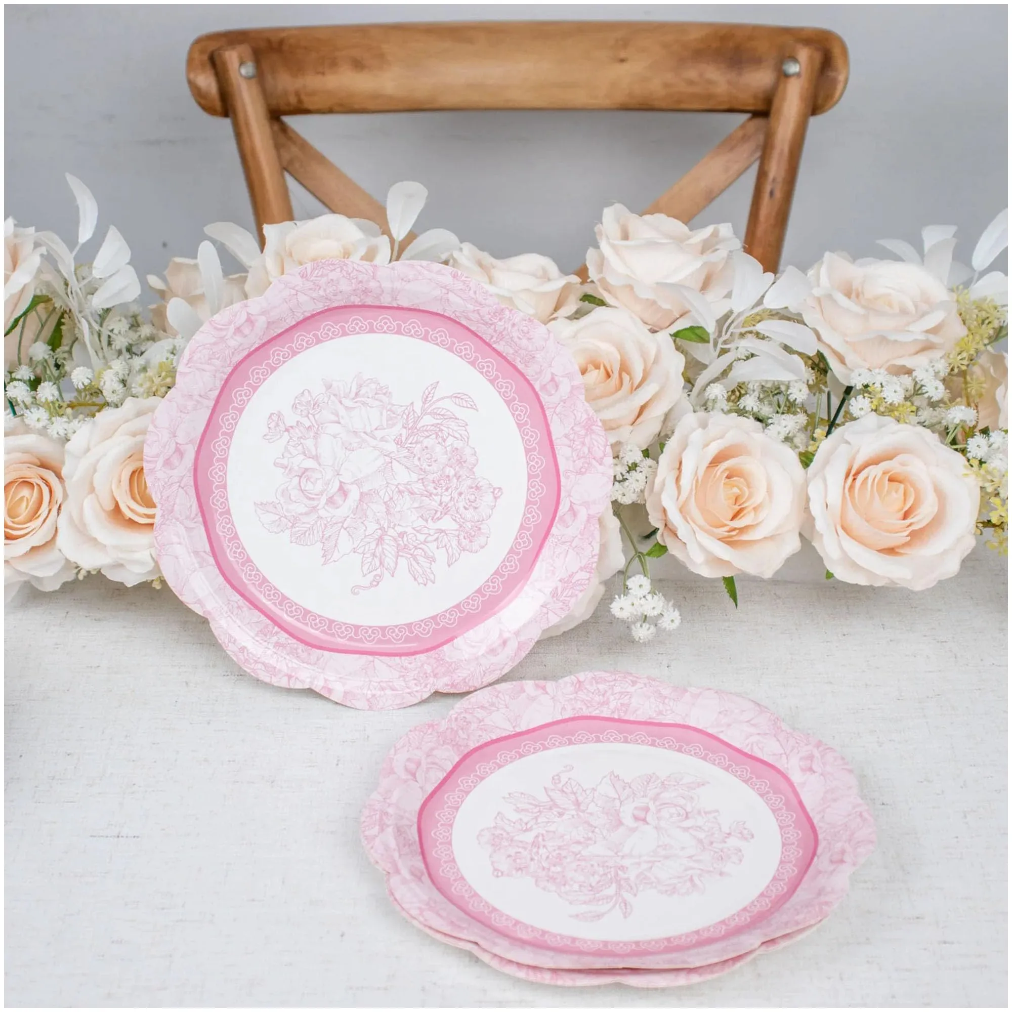 Floral Party Supplies - Paper Plates With Scalloped Edge & Yellow Napkins (Serves 24)