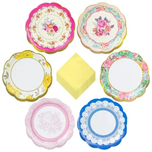 Floral Party Supplies - Paper Plates With Scalloped Edge & Yellow Napkins (Serves 24)