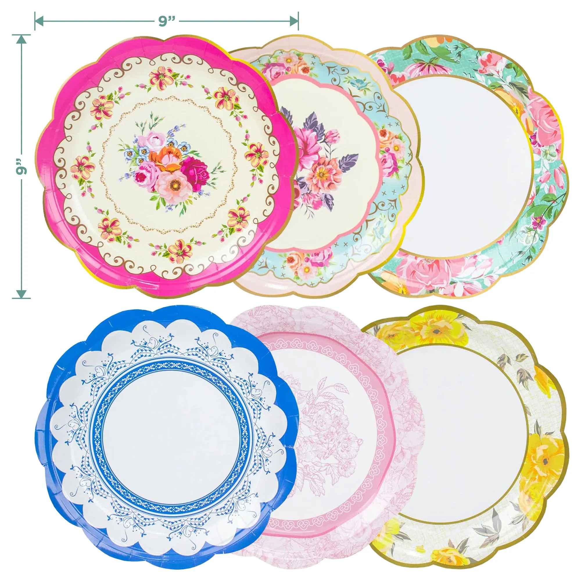 Floral Party Supplies - Paper Plates With Scalloped Edge & Yellow Napkins (Serves 24)