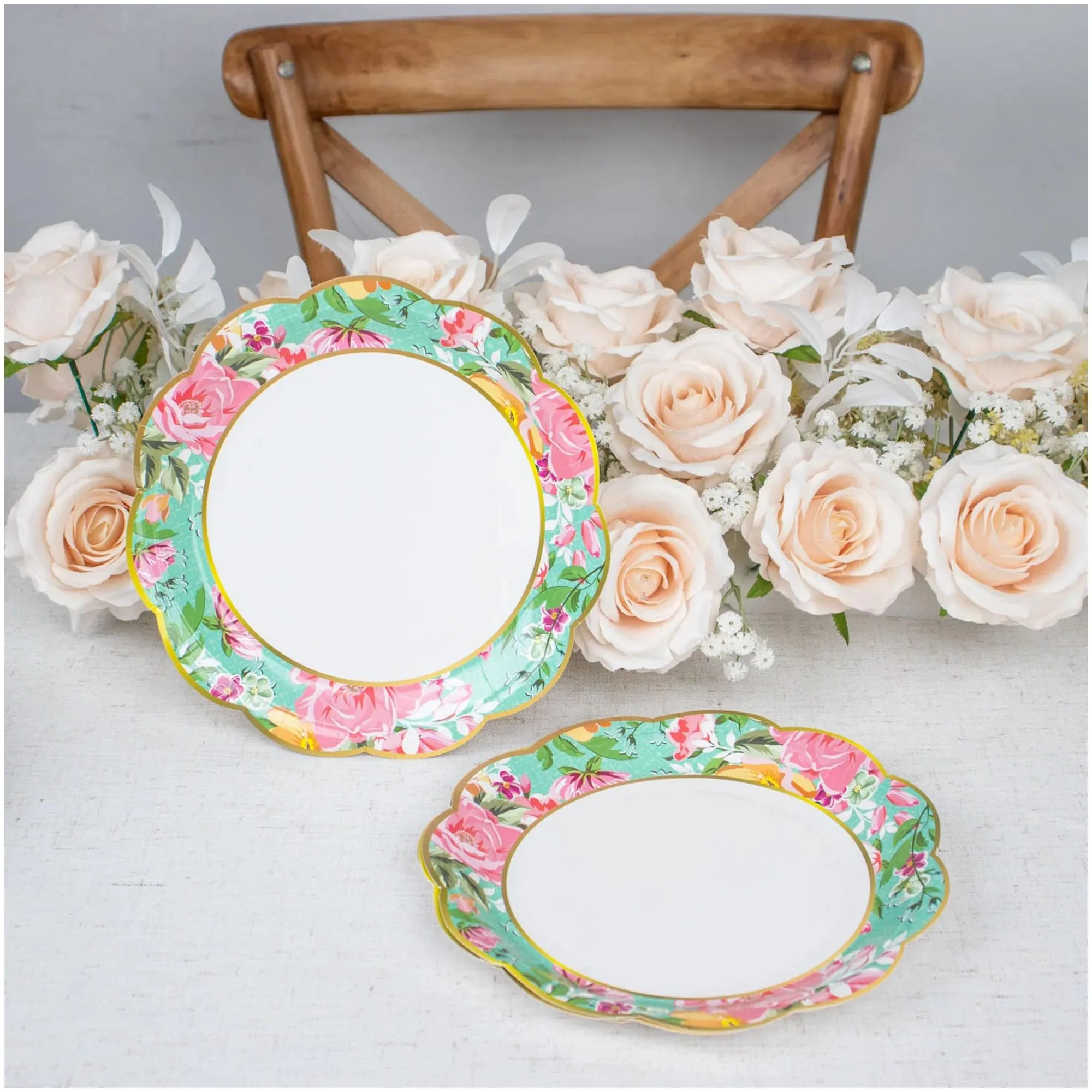 Floral Party Supplies - Paper Plates With Scalloped Edge & Yellow Napkins (Serves 24)