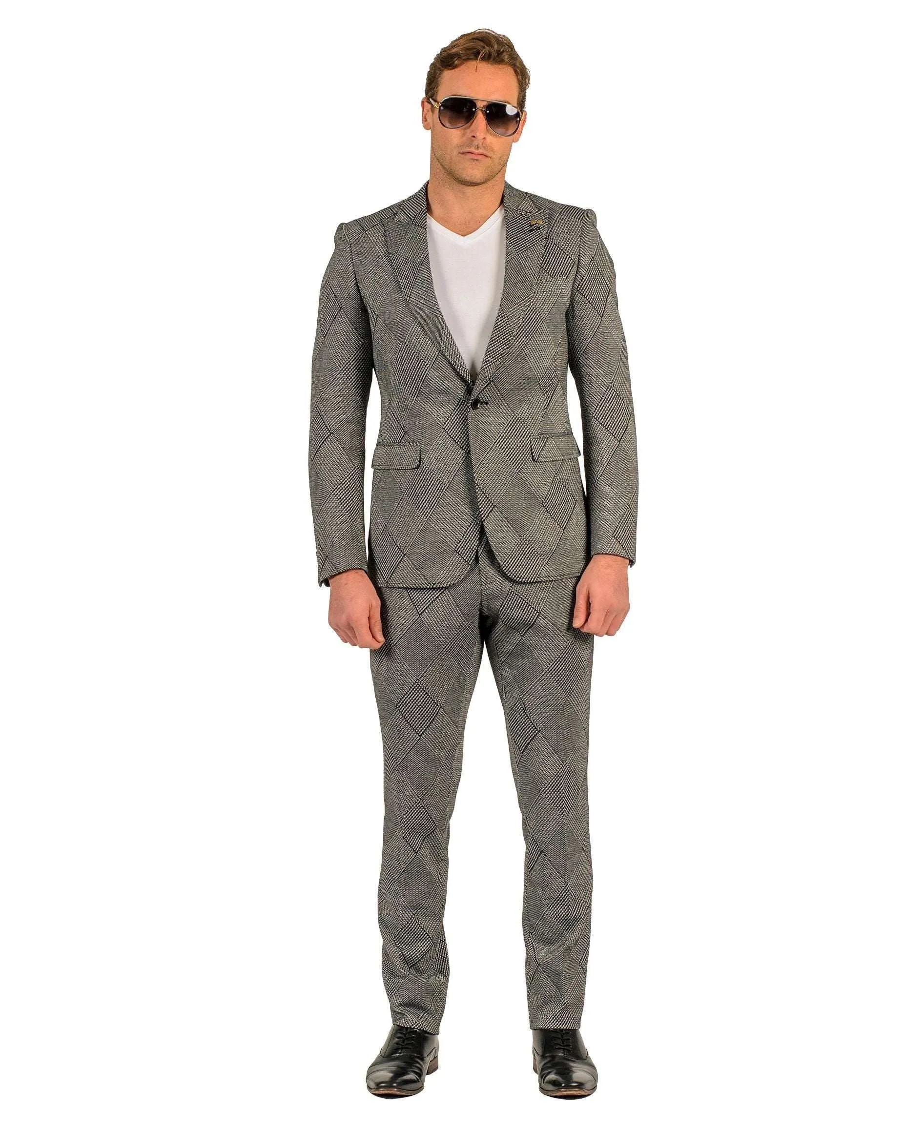 Giovanni Testi 1 Button Peak Lapel Stretch Traveler Suit GTRVL1P-5002 BLACK-WHITE