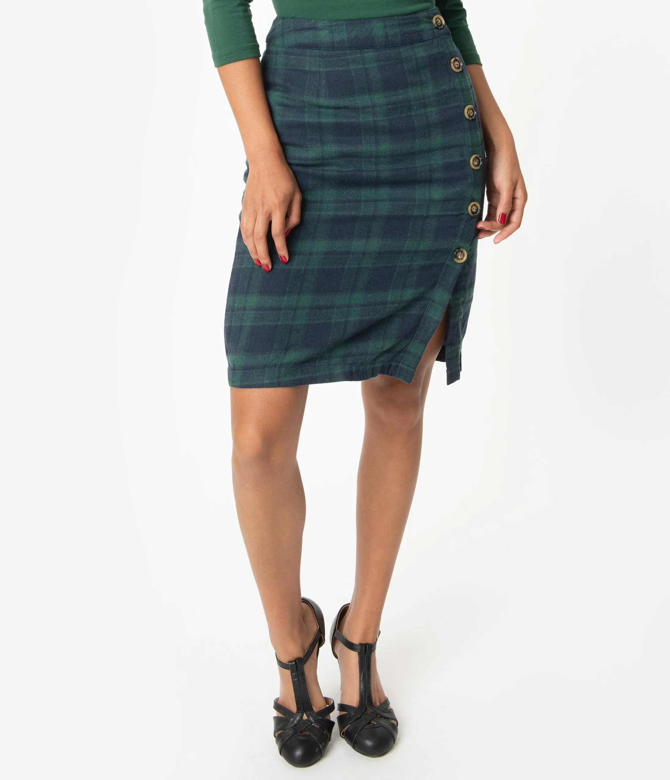 Green Plaid High Waist Knee Length Skirt