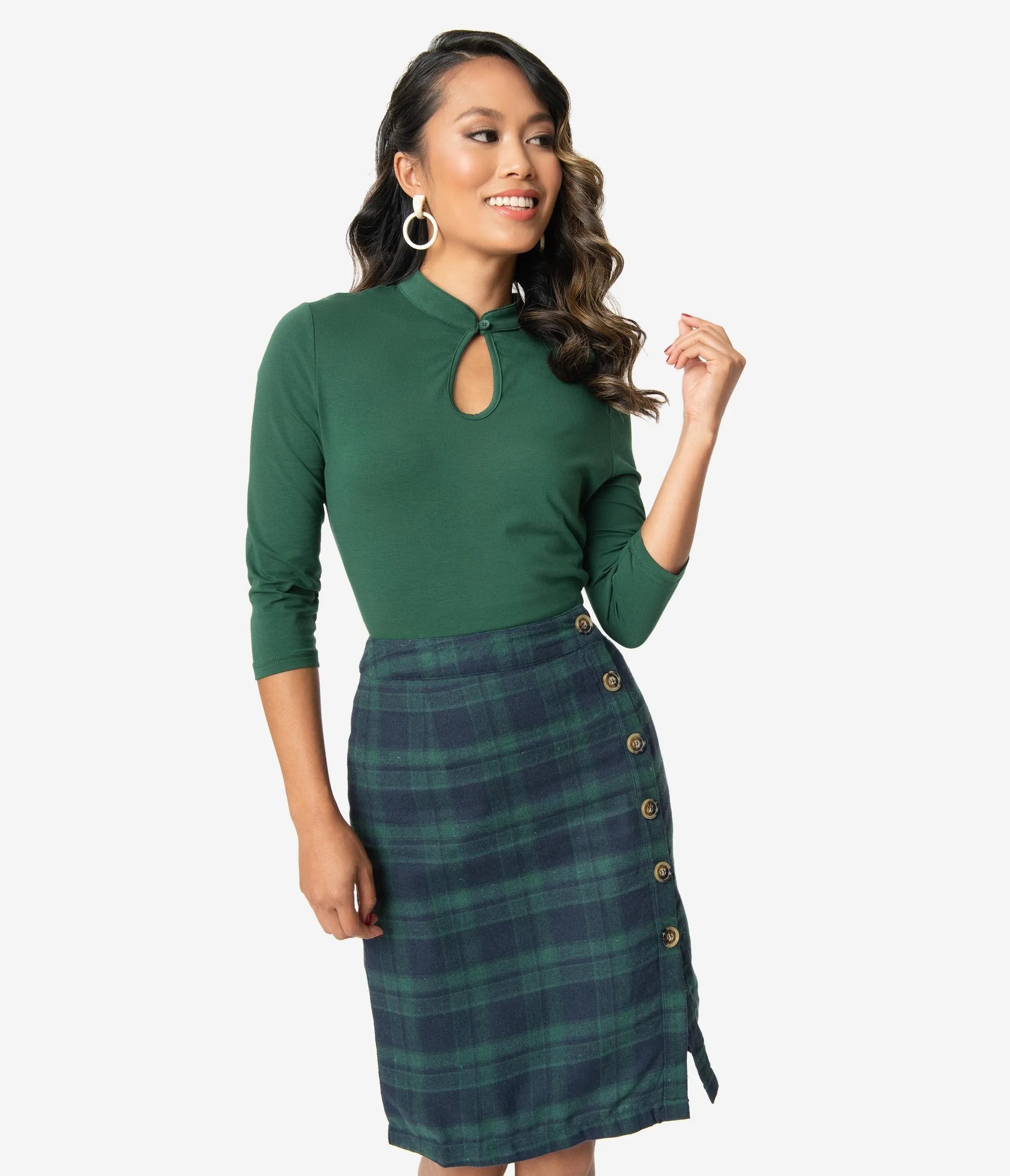 Green Plaid High Waist Knee Length Skirt