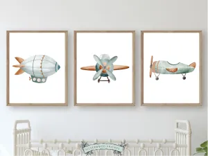 Green Watercolour Airplane Nursery Prints