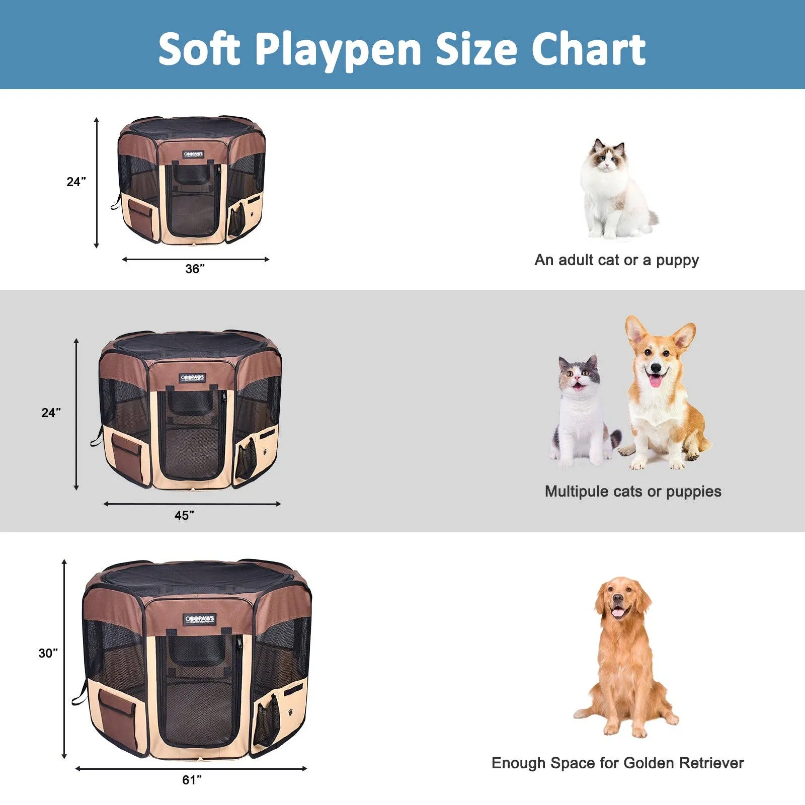 Jespet 2-Door Portable Soft-Sided Dog, Cat & Small Pet Exercise Playpen, Brown, 45''