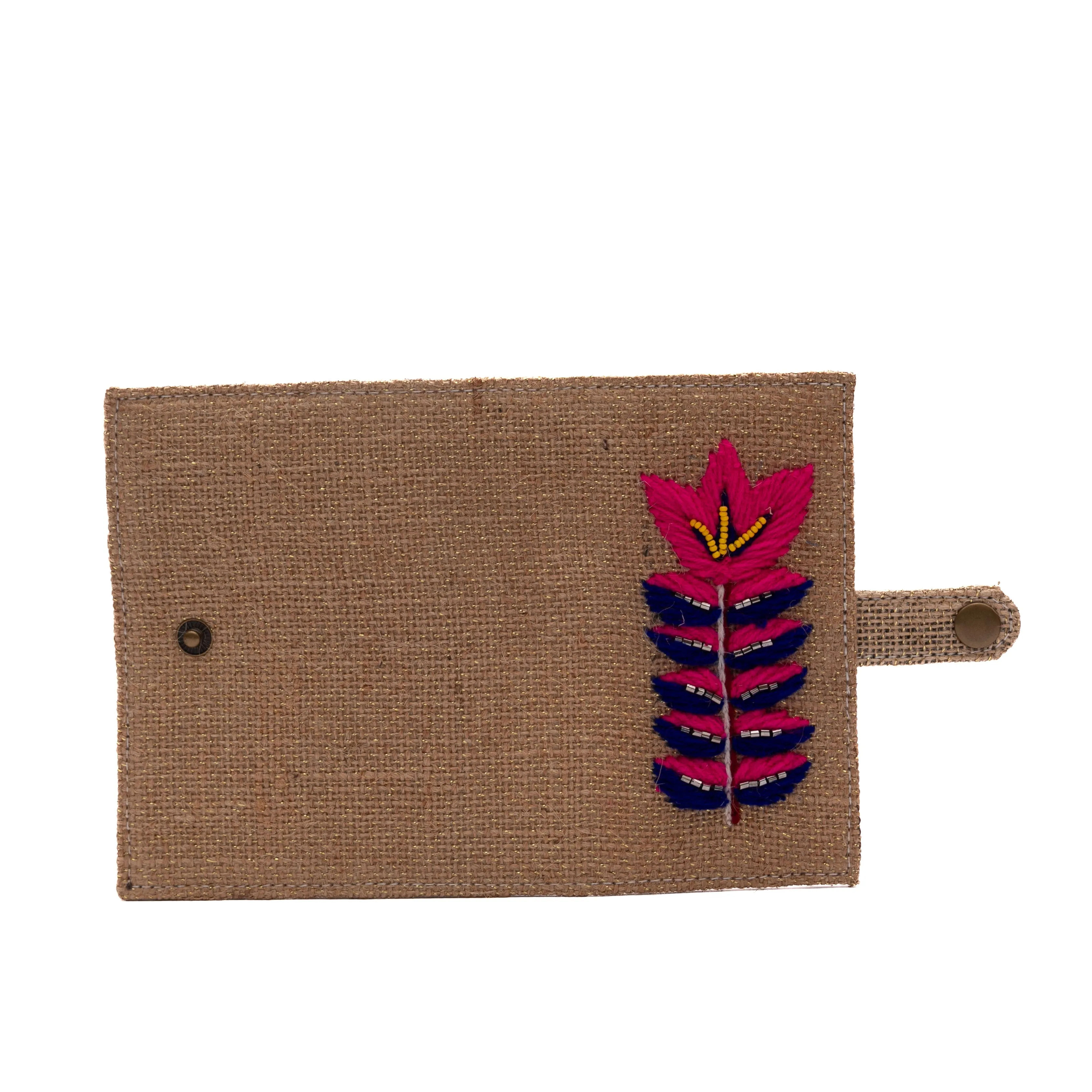 Optimized Title: Elegant Hand-Embroidered Floral Jute Passport Cover